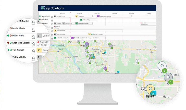 desktop screenshot of Zip Solutions dispatch, scheduling and technician tracking software features