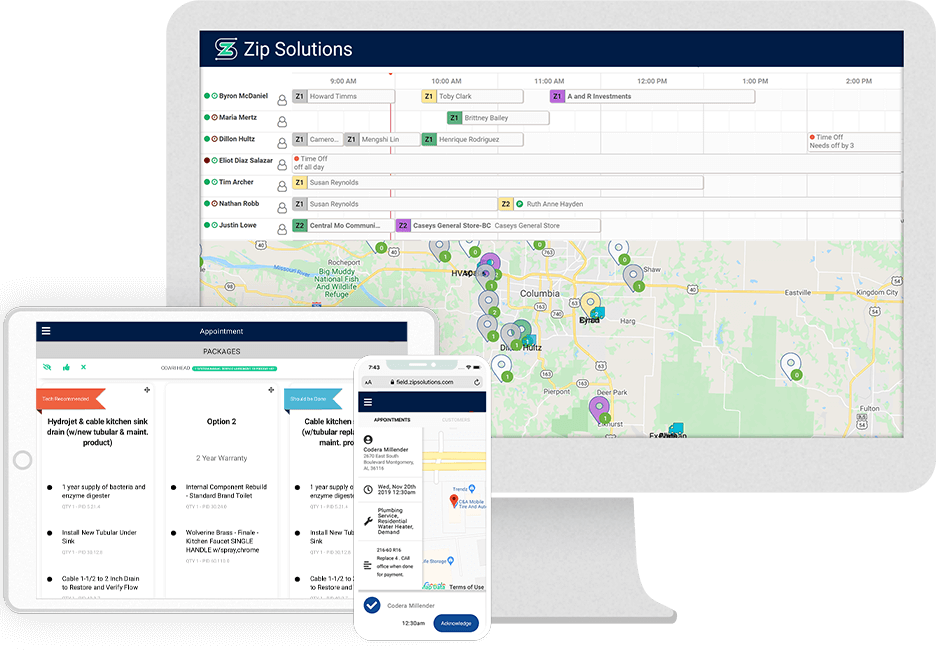 screenshots of field service software dispatch and presentation features on different devices