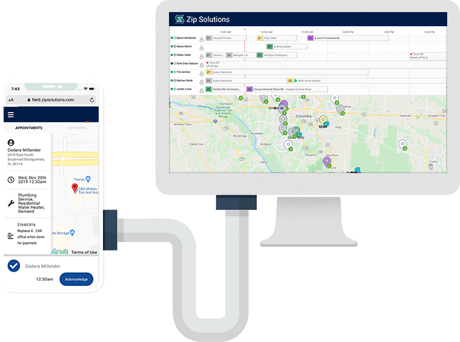 Zip Solutions dispatch, scheduling features desktop, mobile screenshots, connected by pipe graphic