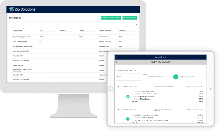 inventory desktop and iPad screenshots of Zip Solutions service software inventory management features