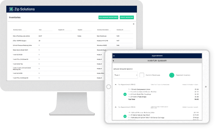 desktop and iPad screenshots of Zip Solutions service software inventory management features