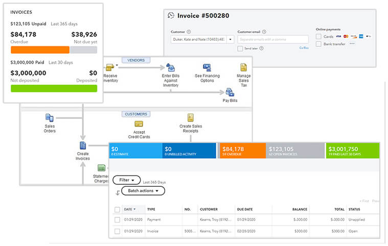 rectangular screenshots of Quickbook features in the context of integrating with Zip Solutions field service software