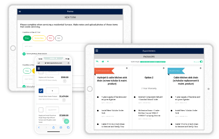 iPad and iPhone screenshots of sales process features from Zip Solutions field service management software