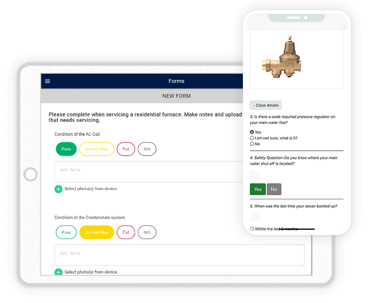 iPhone and iPad screenshots of technician and customer surveys in Zip Solutions field service management software