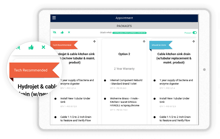 iPad screenshot with zoomed-in bubble of Zip Solutions good, better, best options feature