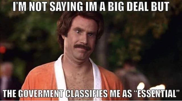 Ron Burgundy "I'm not saying I'm a big deal but the government classifies me as 'essential'" essential business meme