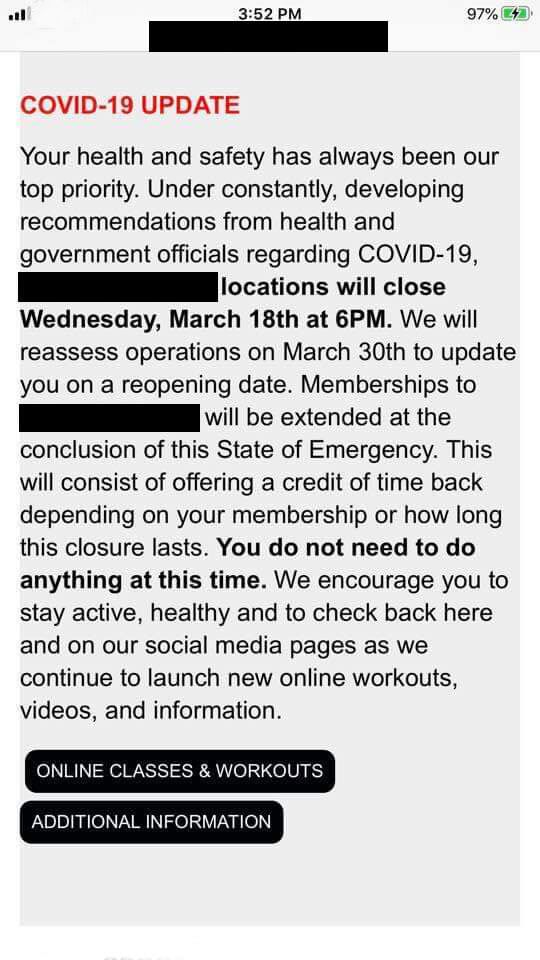 Gym membership dues clarification on website image for Reopening the Economy - 3 Steps for Essential Businesses Blog