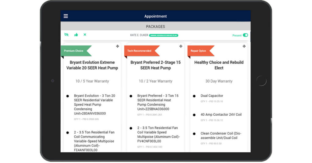 Zip Solutions screenshot of HVAC repair or replacement options presentations software to communicate value to customer.