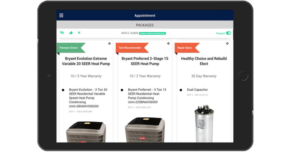 Zip Solutions screenshot of HVAC repair or replacement options presentations software with photos and other media.