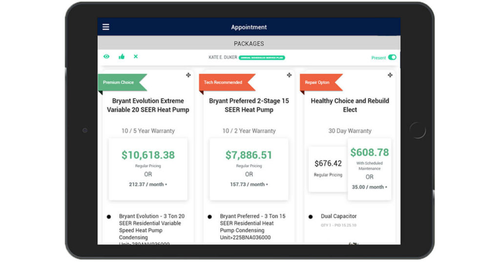 Screenshot of financing options in Zip Solutions field software HVAC repair or replacement packages presentation.