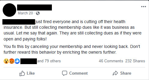 Gym layoffs Facebook post with misinformation for blog example on communication