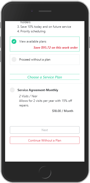 iPhone screenshot of customer selecting a service plan in remote approval and remote payment process in Zip Solutions