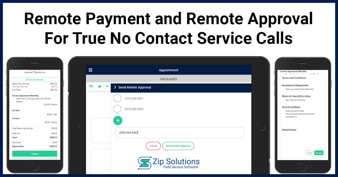 'Remote Payment and Remote Approval for True No Contact Service Calls' blog image with iPhone and iPad screenshots