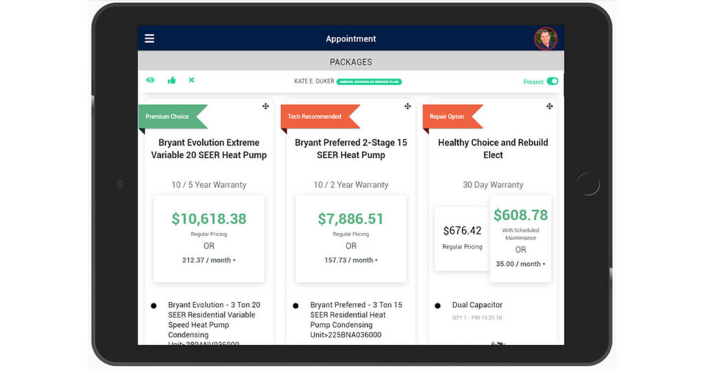 iPad screenshot of 'Good, Better, Best' options presentation in Zip Solutions field service management software